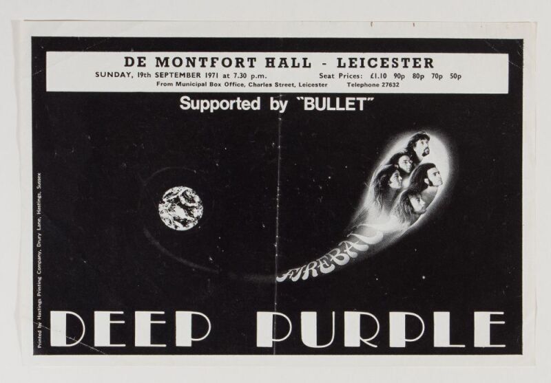 1971 Deep Purple De Montfort Hall Leicester England Handbill Excellent 77
