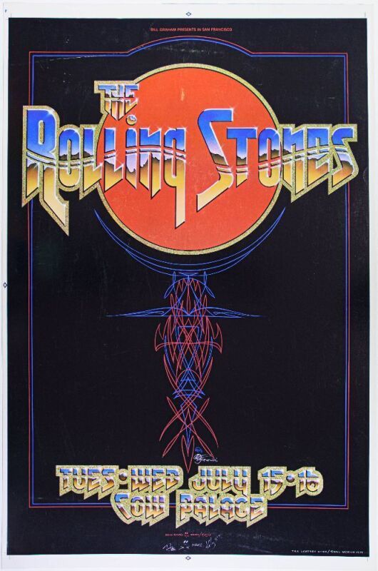 1975 AOR-4.41 Rolling Stones Cow Palace Artist Proof Signed Kelley Mouse Tuten Crazy Arab Poster Near Mint 87