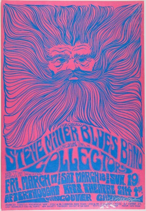 1967 AOR-3.182 Bob Masse Steve Miller Blues Band The Afterthought Vancouver Signed Masse Poster Excellent 77