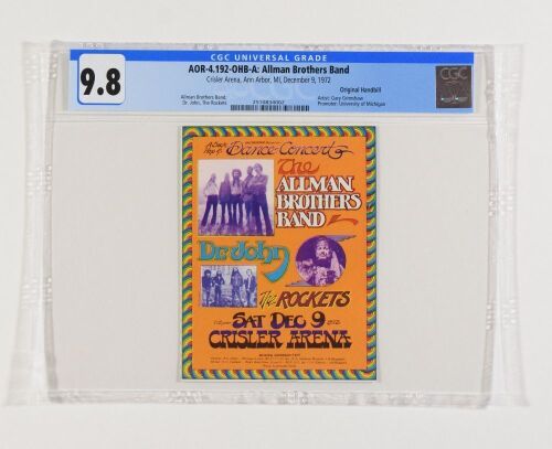 1972 AOR-4.192 Allman Brothers Dr John James Taylor Crisler Auditorium Handbill CGC 9.8