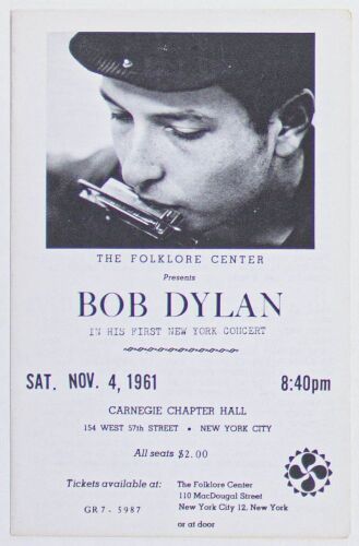 1961 Bob Dylan Carnegie Hall New York Program Near Mint 85
