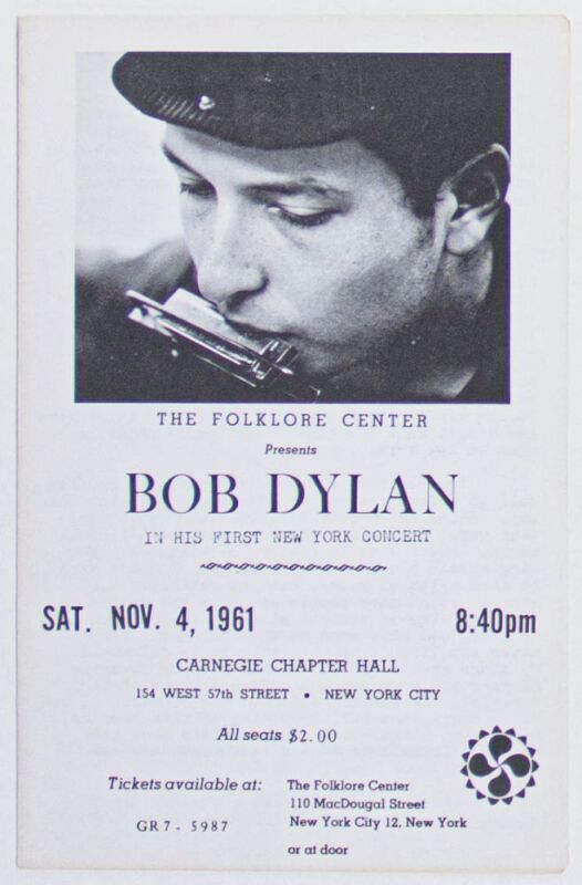 1961 Bob Dylan Carnegie Hall New York Program Near Mint 85