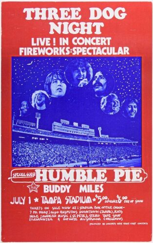 1973 Three Dog Night Humble Pie Tampa Stadium Cardboard Poster Near Mint 89