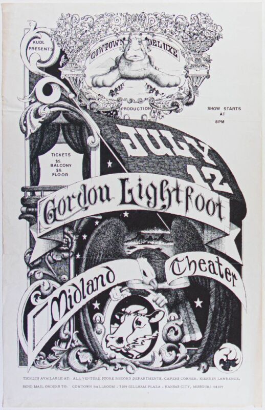 1974 Gordon Lightfoot Midland Theatre Kansas City Poster Extra Fine 63