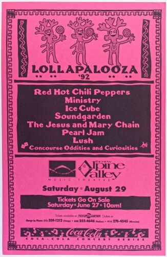 1992 Pearl Jam Red Hot Chili Peppers Soundgarden Lollapalooza Festival Poster Alpine Valley Music Theatre Poster Near Mint 87