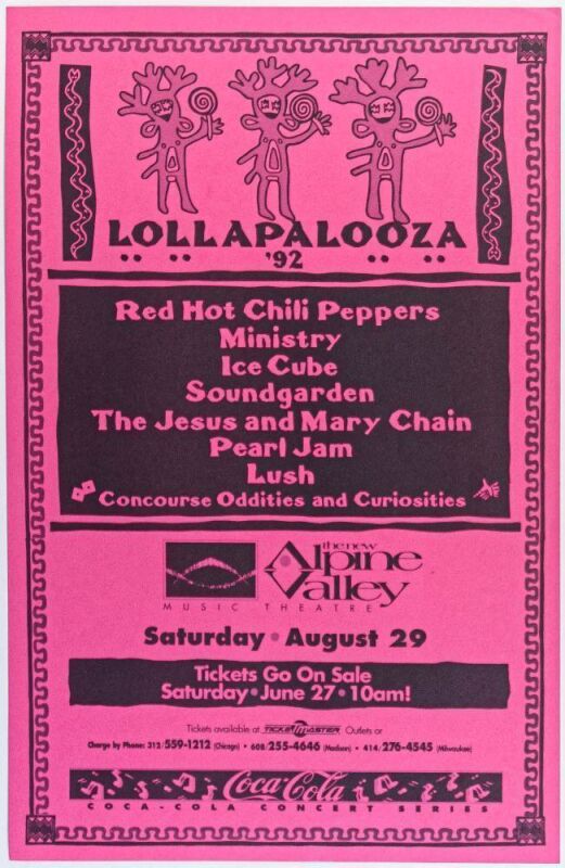 1992 Pearl Jam Red Hot Chili Peppers Soundgarden Lollapalooza Festival Poster Alpine Valley Music Theatre Poster Near Mint 87