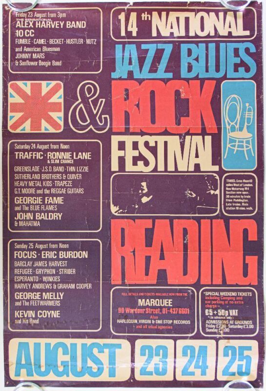 1974 Traffic Ronnie Lane Alex Harvey Band The 14th National Jazz Blues Rock Festival Reading Poster Fine 53