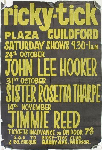 1964 John Lee Hooker Sister Rosetta Tharpe Jimmie Reed Ricky-Tick Plaza Guildford UK Poster Fine 55
