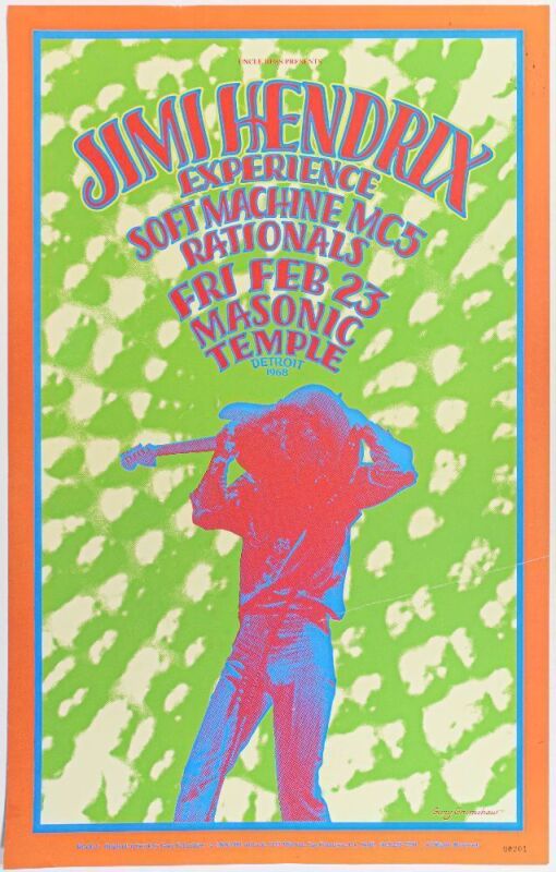 1968 G/G-680223A Jimi Hendrix Masonic Temple Detroit Commemorative RP1 Poster Excellent 73