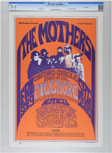 1966 BG-27 Frank Zappa The Mothers Fillmore Auditorium & Scottish Rites Temple Poster CGC 9.8 and Eric King Authenticated