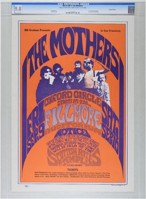 1966 BG-27 Frank Zappa The Mothers Fillmore Auditorium & Scottish Rites Temple Poster CGC 9.8 and Eric King Authenticated