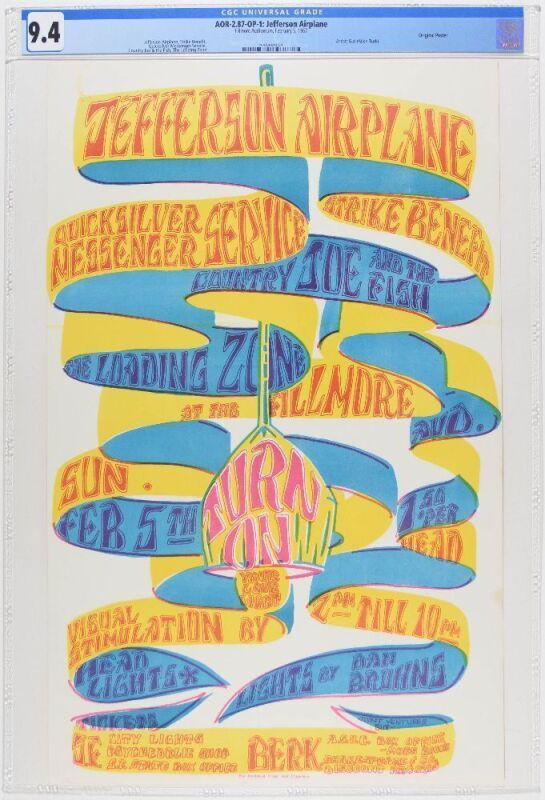 1966 AOR-2.87 Jefferson Airplane Turn On Benefit Fillmore Auditorium Poster CGC 9.4