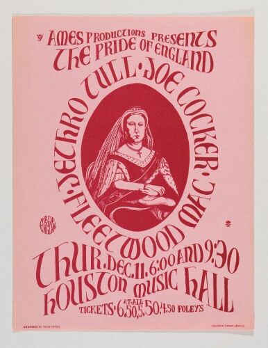 1969 Jethro Tull Fleetwood Mac Joe Cocker Houston Music Hall Flyer Excellent 71