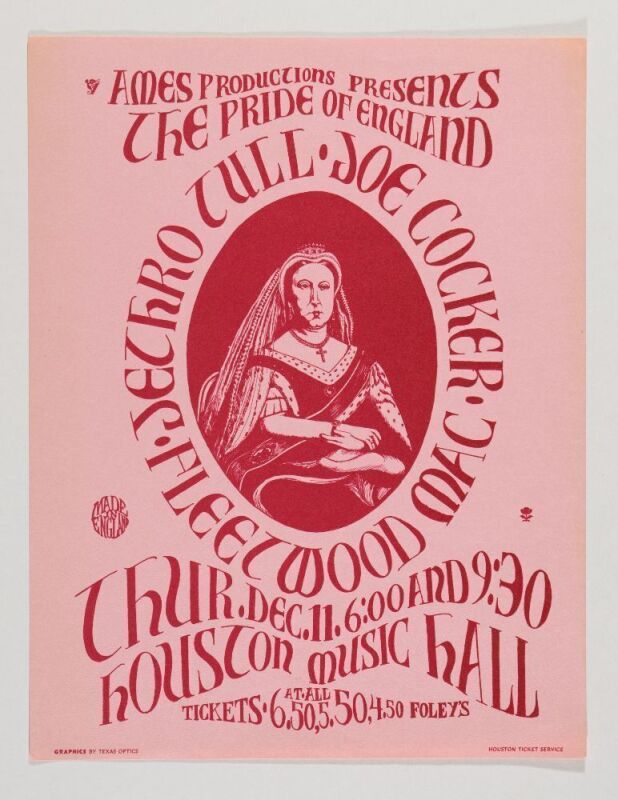 1969 Jethro Tull Fleetwood Mac Joe Cocker Houston Music Hall Flyer Excellent 71