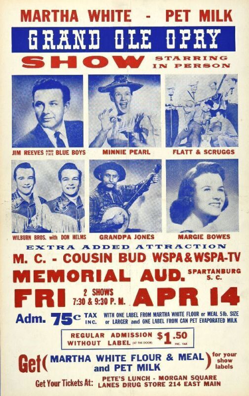 1961 Lester Flatt & Earl Scruggs Minnie Pearl Spartansburg Memorial Auditorium Hatch Cardboard Poster Extra Fine 69