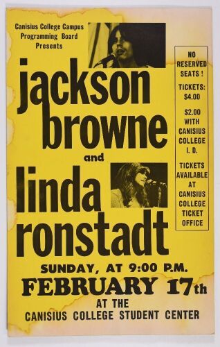 1974 Jackson Browne Linda Ronstadt Canisius College Student Center Buffalo Cardboard Poster Excellent 75