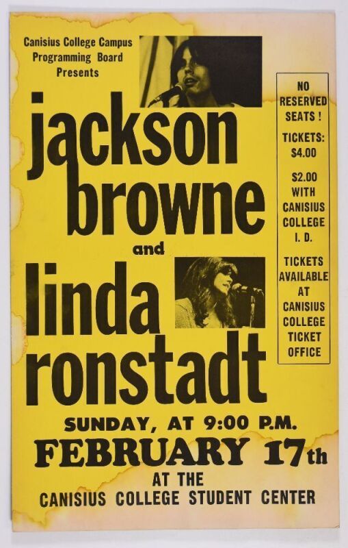 1974 Jackson Browne Linda Ronstadt Canisius College Student Center Buffalo Cardboard Poster Excellent 75