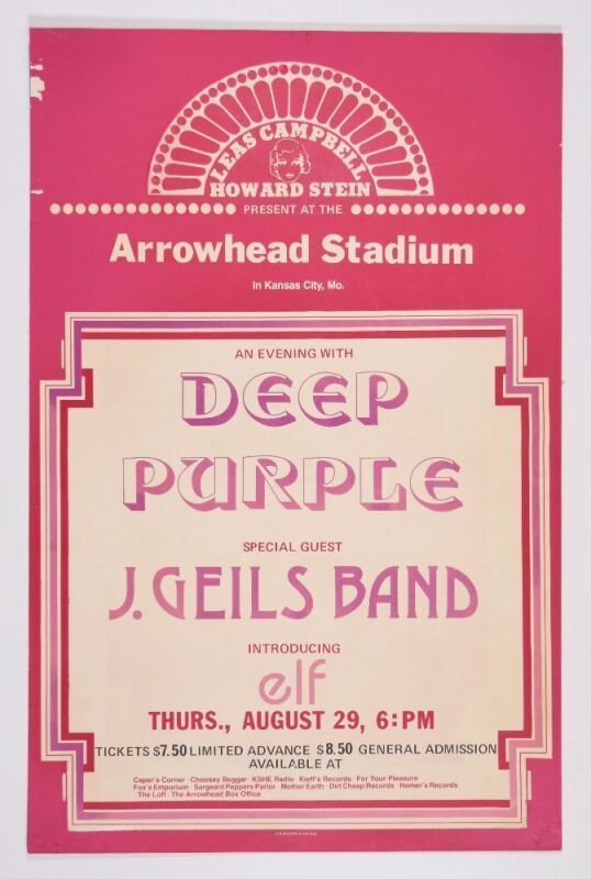 1974 Deep Purple The J. Geils Band Arrowhead Stadium Kansas City Poster Extra Fine 65 Restored