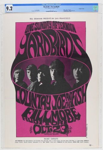 1966 BG-33 The Yardbirds Country Joe & The Fish Fillmore Auditorium Poster CGC 9.2