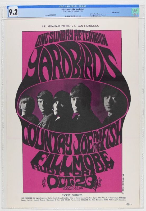 1966 BG-33 The Yardbirds Country Joe & The Fish Fillmore Auditorium Poster CGC 9.2