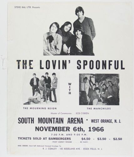 1966 Lovin Spoonful South Mountain Arena West Orange Cardboard Poster Extra Fine 65 Restored