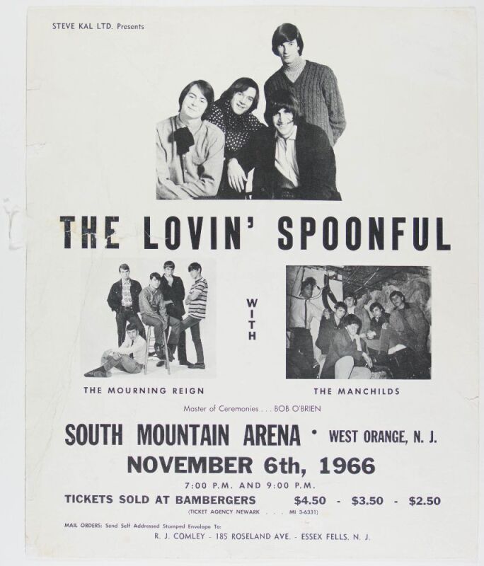 1966 Lovin Spoonful South Mountain Arena West Orange Cardboard Poster Extra Fine 65 Restored