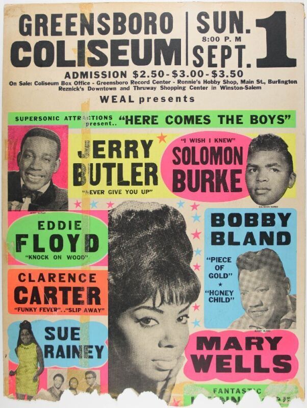 1963 Solomon Burke Bobby Bland Mary Wells Greensboro Coliseum Globe Cardboard Poster Not Graded