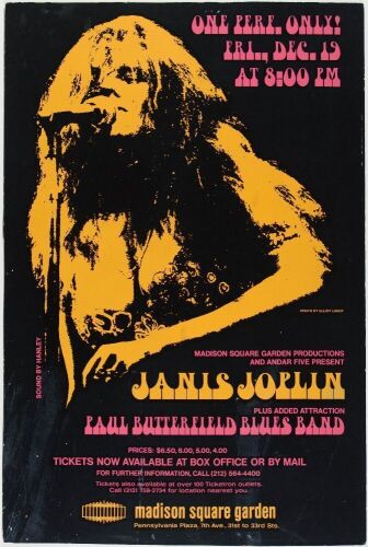 1969 Janis Joplin Madison Square Garden New York Cardboard Poster Excellent 75