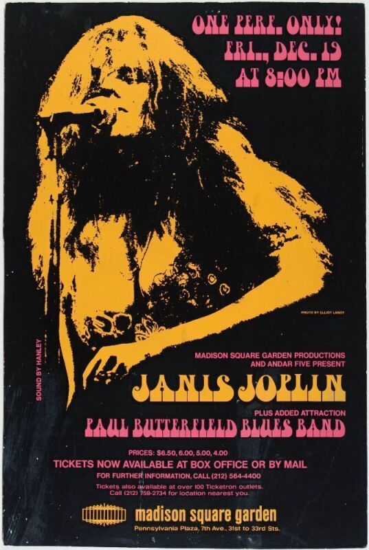 1969 Janis Joplin Madison Square Garden New York Cardboard Poster Excellent 75