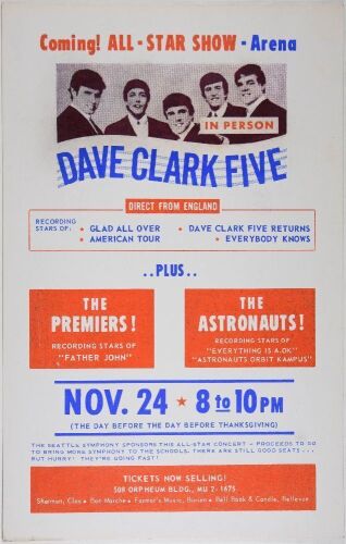 1964 The Dave Clark Five The Seattle Center Arena Cardboard Poster Excellent 75
