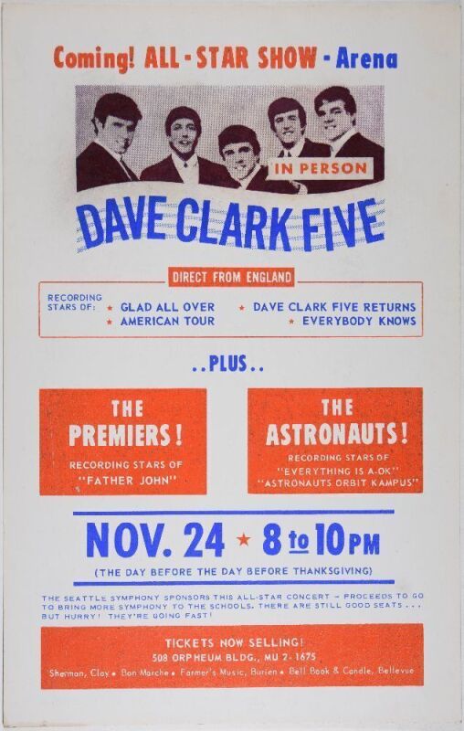 1964 The Dave Clark Five The Seattle Center Arena Cardboard Poster Excellent 75