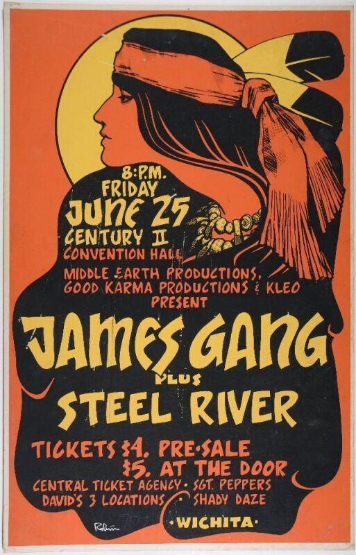 1971 The James Gang Joe Walsh Century II Convention Hall Wichita Cardboard Poster Extra Fine 67