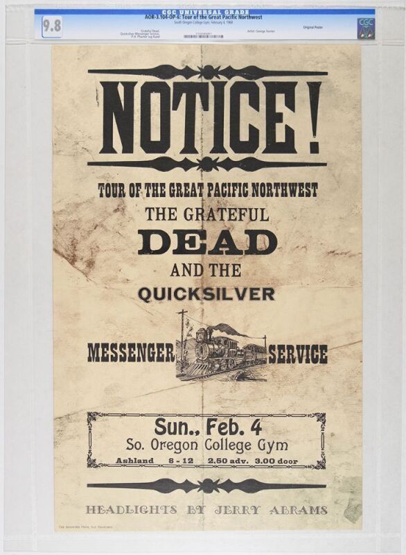 1968 AOR-3.104 Grateful Dead South Oregon College Gym Ashland Oregon Notice Poster CGC 9.8