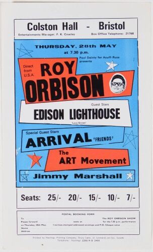 1970 Roy Orbison Colston Hall Bristol Ticket Order Form Near Mint 87