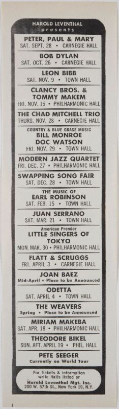 1963 Bob Dylan Bill Monroe Doc Watson Carnegie Hall Calendar Handbill Near Mint 81