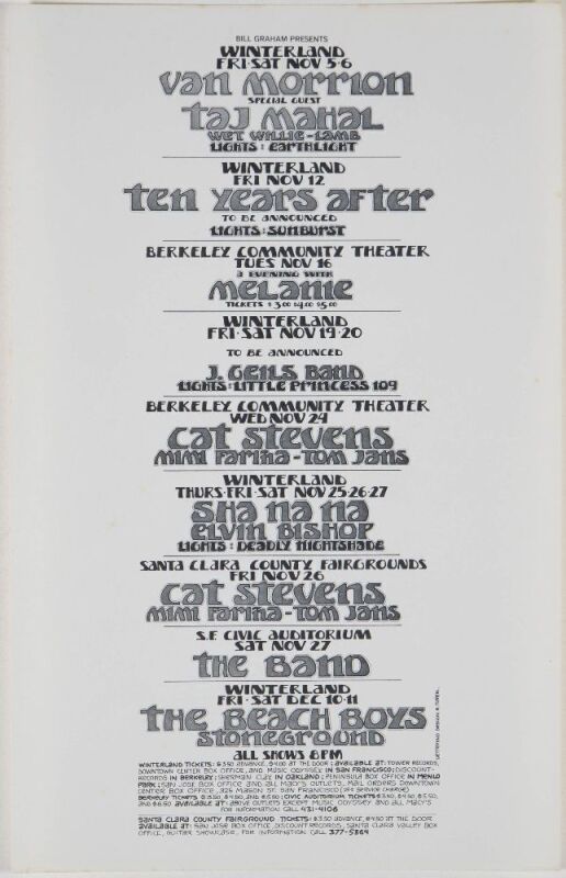 1971 Van Morrison The Band The Beach Boys S.F. Civic Auditorium Winterland Calendar Handbill Excellent 77
