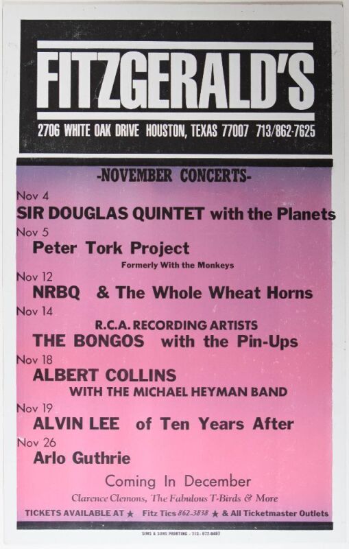 1982 Sir Douglas Quintet NRBQ Albert Collins Arlo Guthrie Fitzgeralds Houston Cardboard Poster Near Mint 87