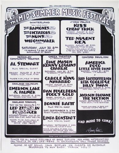 1977 Led Zeppelin Kiss Ramones The Mid Summer Music Festival Signed Tuten Poster Near Mint 85