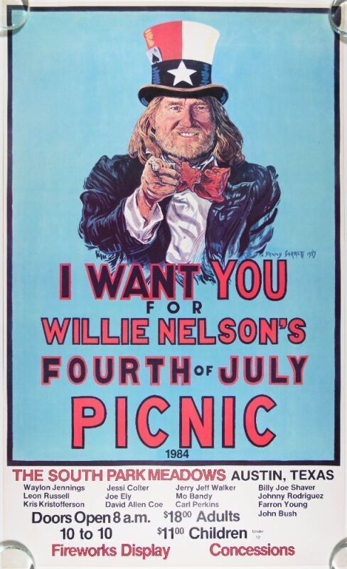 1984 Danny Garrett Willie Nelson The 4th of July Picnic South Park Meadows Austin Poster Excellent 79