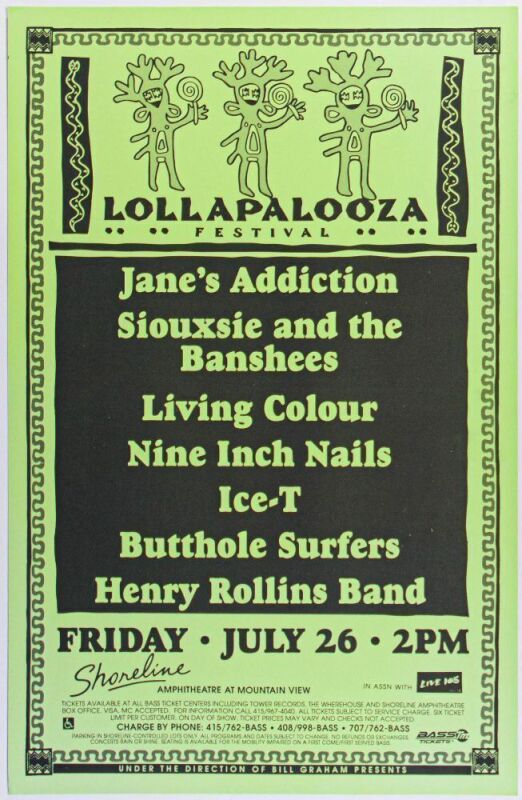 1991 Jane's Addiction Siouxsie and the Banshees Nine Inch Nails Lollapalooza Festival Shoreline Amphitheatre Poster Near Mint 87
