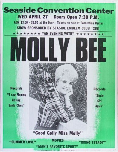 1966 Molly Bee The Seaside Convention Center Cardboard Poster Near Mint 85