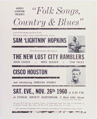 1960 Lightnin Hopkins The Ethical Society Auditorium New York Flyer Mint 91