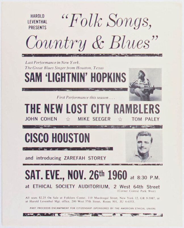 1960 Lightnin Hopkins The Ethical Society Auditorium New York Flyer Mint 91