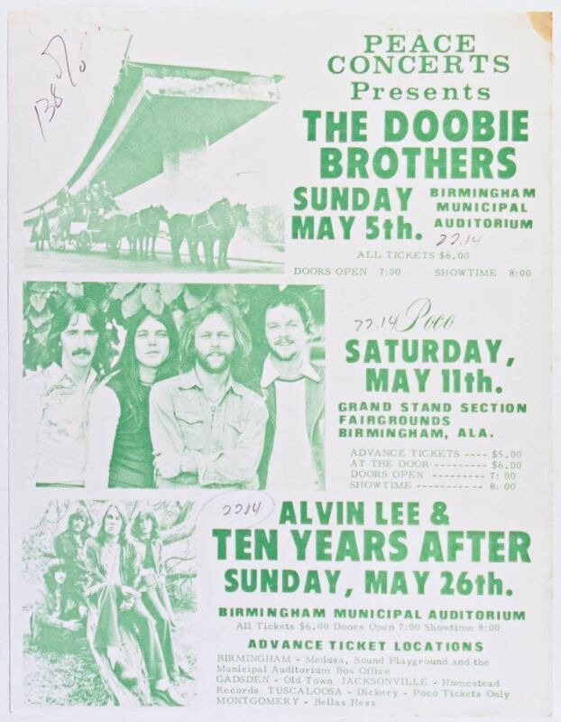 1974 Ten Years After Poco The Doobie Brothers Peace Concerts Presents May Calendar Birmingham Flyer Extra Fine 67