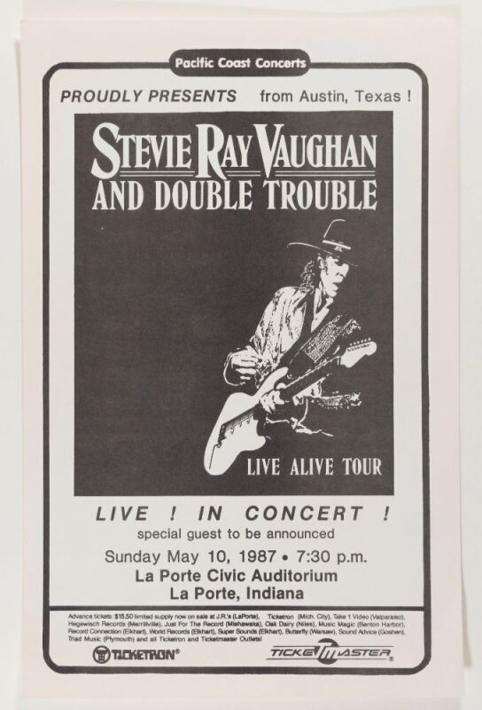 1987 Stevie Ray Vaughan & Double Trouble The La Porte Civic Auditorium Poster Excellent 77