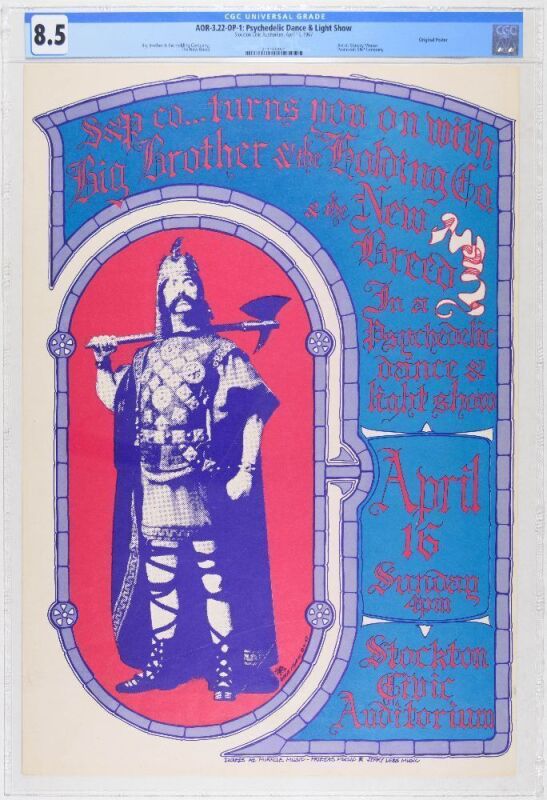 1967 AOR-3.22 Big Brother Janis Joplin Stockton Civic Auditorium Poster CGC 8.5