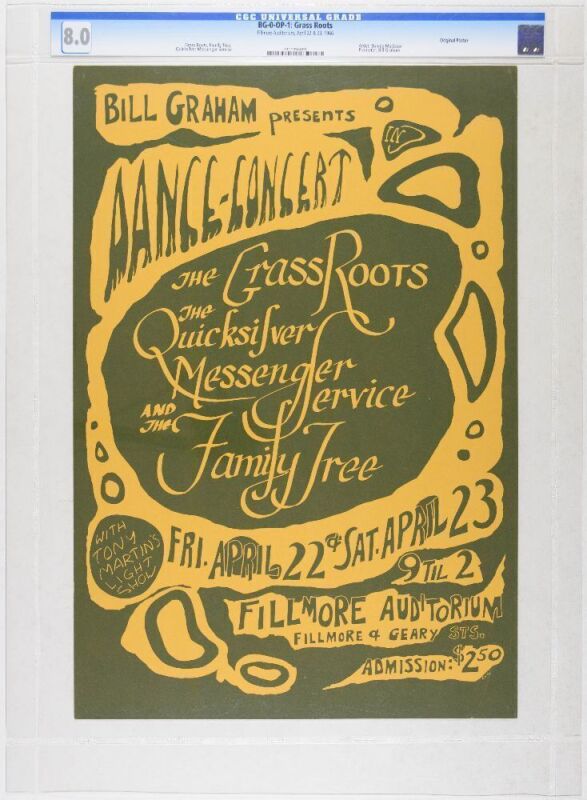 1966 BG-0 Grass Roots Quicksilver Fillmore Auditorium Poster CGC 8.0