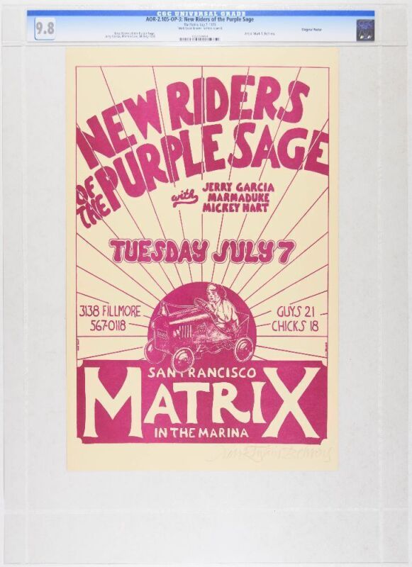 1970 AOR-2.105 New Riders of the Purple Sage with Jerry Garcia The Matrix Poster Signed Behrens CGC 9.8