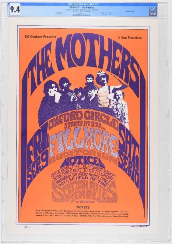1966 BG-27 Frank Zappa The Mothers Fillmore Auditorium & Scottish Rites Temple Eric King Authenticated Poster CGC 9.4