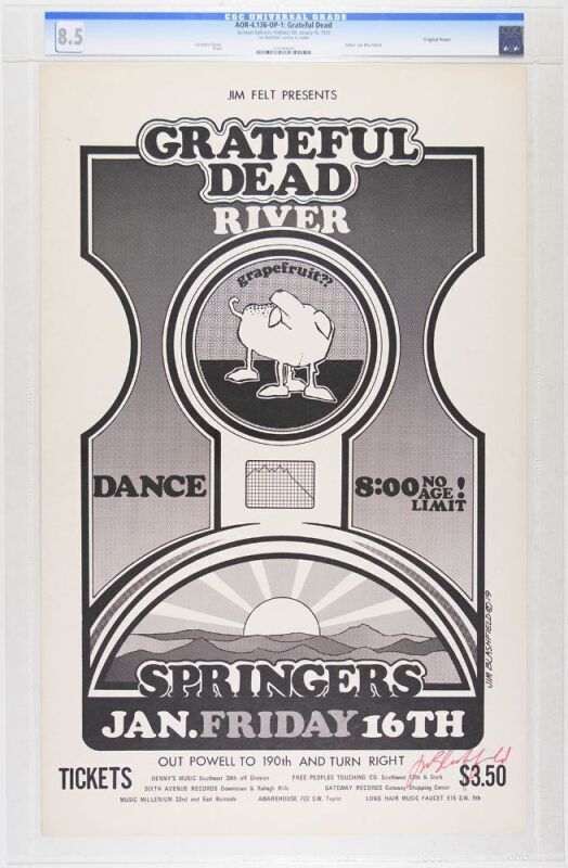 1970 AOR-4.136 Jim Blashfield Grateful Dead Springer's Inn Portland Signed Blashfield Poster CGC 8.5